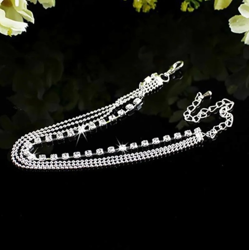 Silver Beaded Rhinestone Chain Tiers Tiered Layered Tennis Ankle Bracelet Anklet - Picture 6 of 16